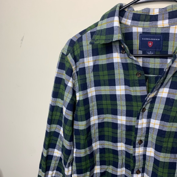 Saddlebred Flannel Button Down Shirt Green Yellow - Picture 5 of 12